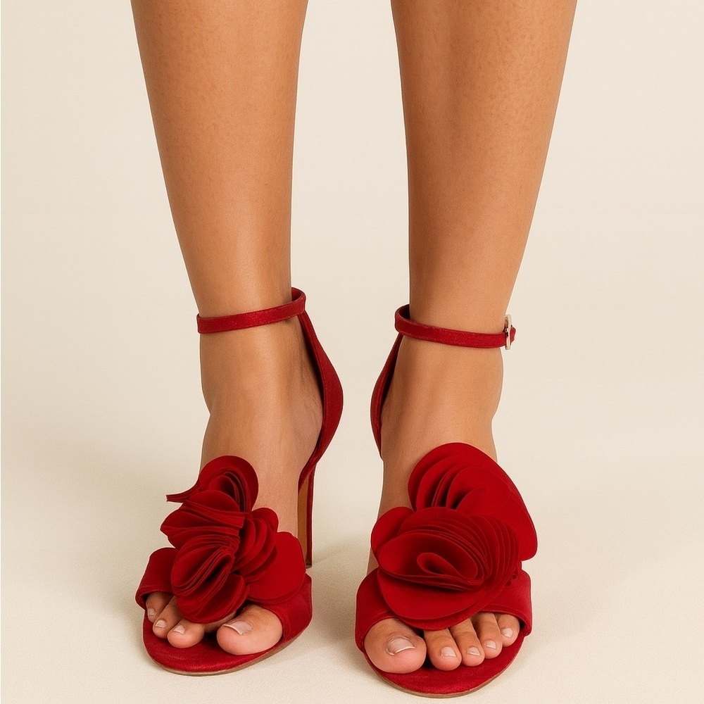 Glint Red Rosette High Heel Sandals – Size 6
